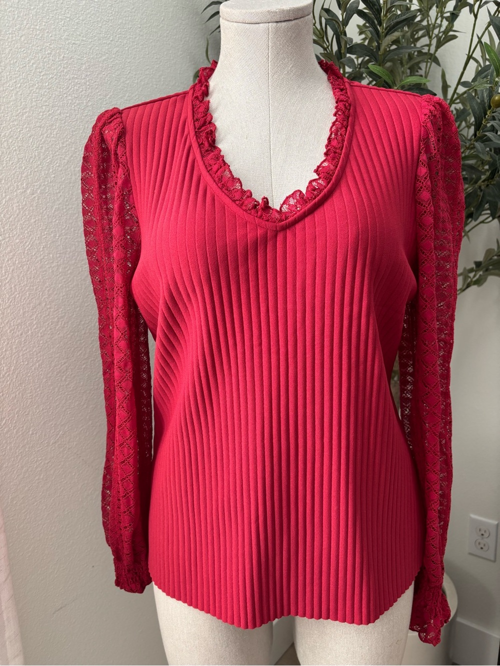 Marc New York Red  Lace-Sleeve V-Neck Women's Top